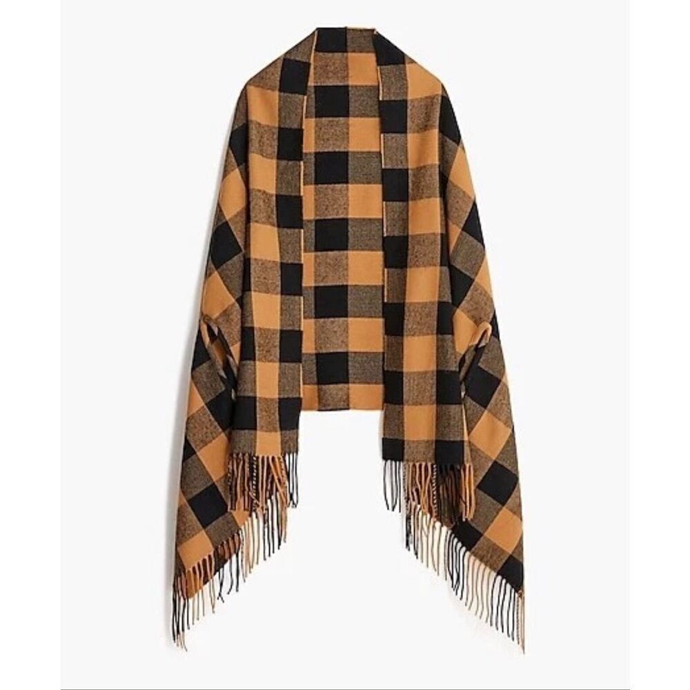 NEW J Crew Trendy Plaid Cape Scarf‎ in Camel Black Buffalo Check